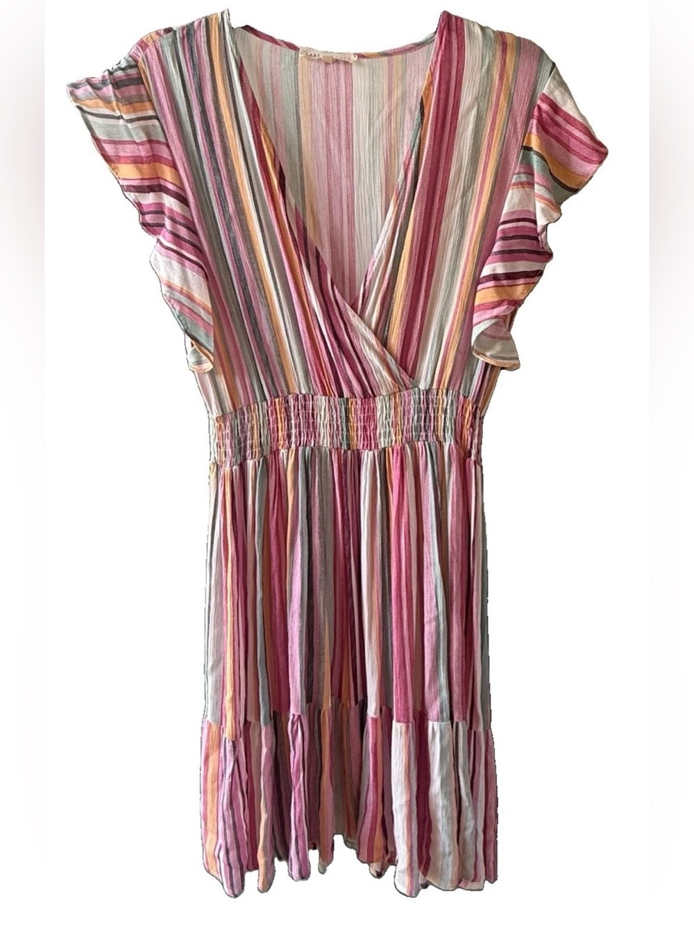 Label of Love Dress Womens Medium Pink Stripe Wrap Mini Smocked Waist Boho Rayon